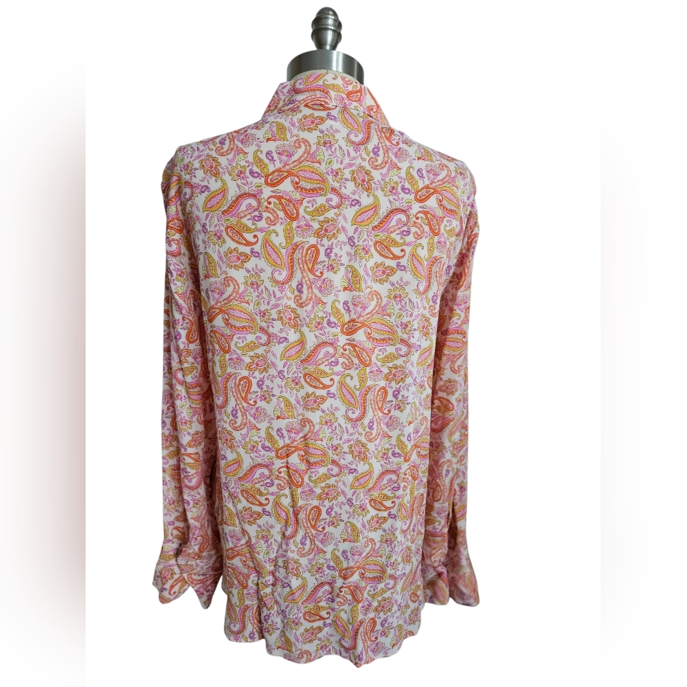 NWOT ZARA Orange & Pink Paisley Silky Button Down Blouse | SZ M - Picture 4 of 12